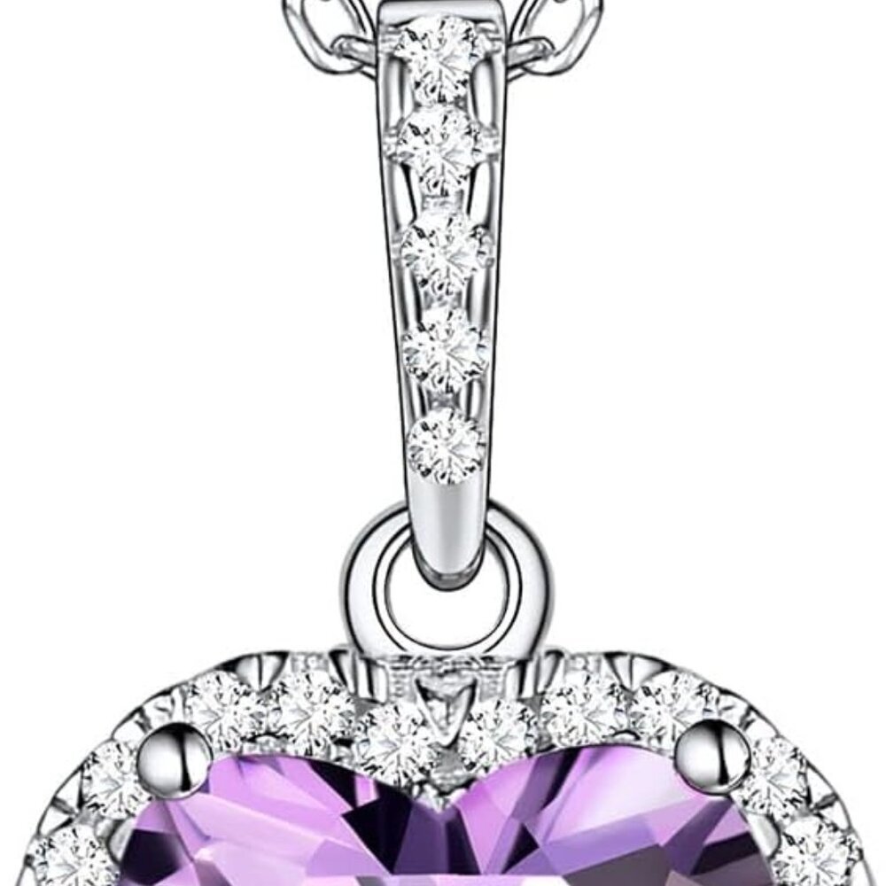 925 Sterling Silver Heart/Round/Pear/Emerald Cut Simulated Birthstone Necklace B